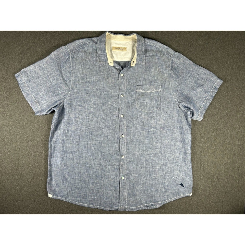Tommy Bahama 100% Linen Short Sleeve Button Down Shirt Blue XXL